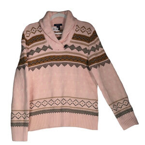 Chaps Sweater Women Size XL Pink Tribal Fair Isle Shawl Collar Heavyweight Boho